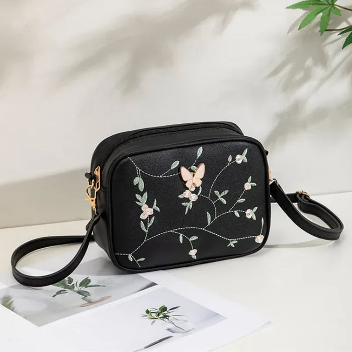 Floral Embroidered Crossbody Bag with Butterfly Charm - HiGirlz