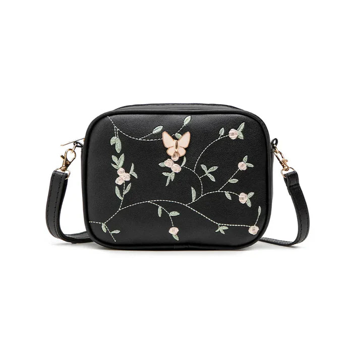 Floral Embroidered Crossbody Bag with Butterfly Charm Black - HiGirlz