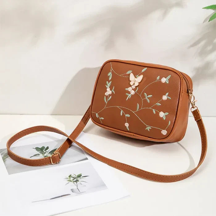 Floral Embroidered Crossbody Bag with Butterfly Charm Brown - HiGirlz