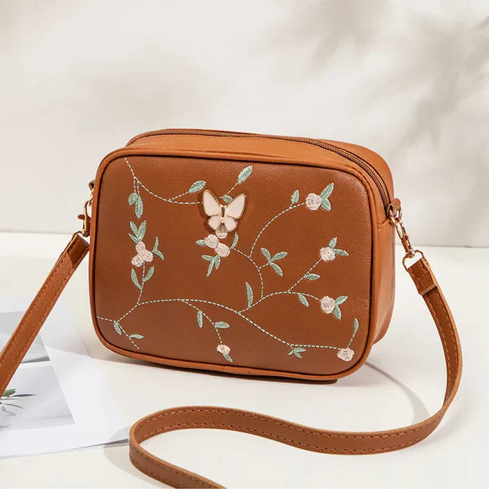 Floral Embroidered Crossbody Bag with Butterfly Charm Brown - HiGirlz