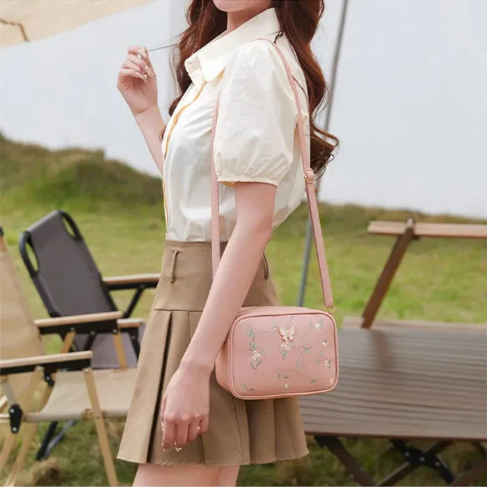 Floral Embroidered Crossbody Bag with Butterfly Charm Pink - HiGirlz