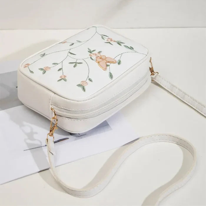 Floral Embroidered Crossbody Bag with Butterfly Charm White - HiGirlz